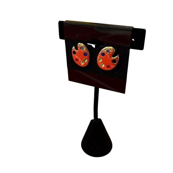 Colorful Multi-Colored Stone Post Earrings on Gold Toned Artist Palette. - Picture 4 of 6